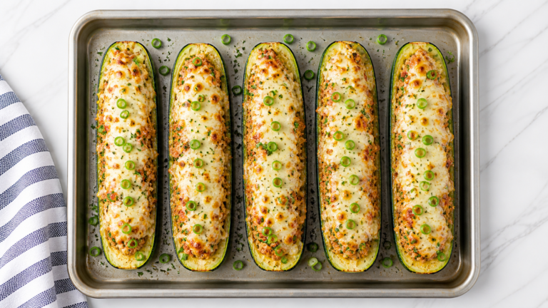 grilled zucchini turkey boats on a wooden board with herbs