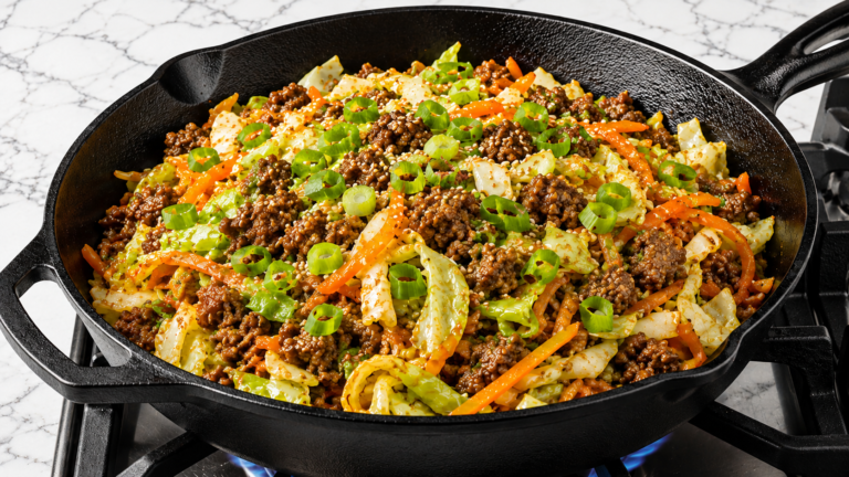 keto egg roll bowl in a white ceramic bowl