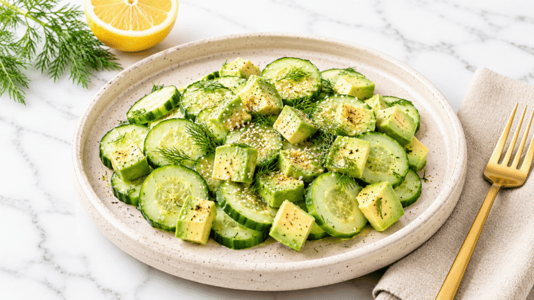 Fresh keto cucumber avocado salad in white bowl.