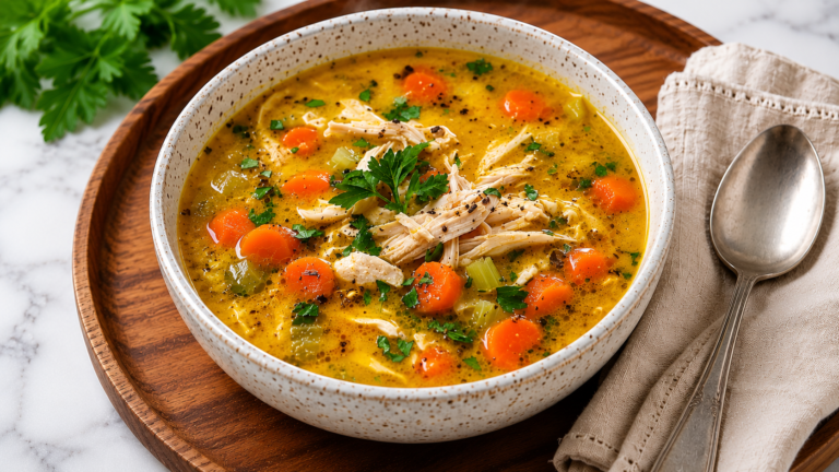 Creamy Keto Chicken Soup in a white bowl with fresh parsley