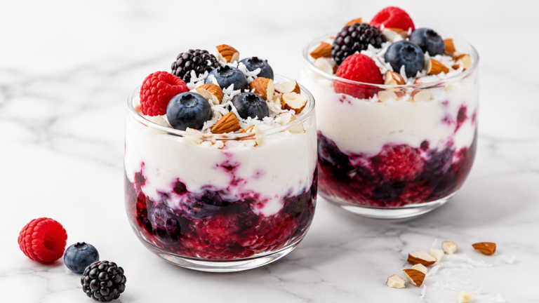 A delicious quick low-carb healthy recipe of No-Bake Berry Dream Cups beautifully layered in a glass with fresh berries on top.