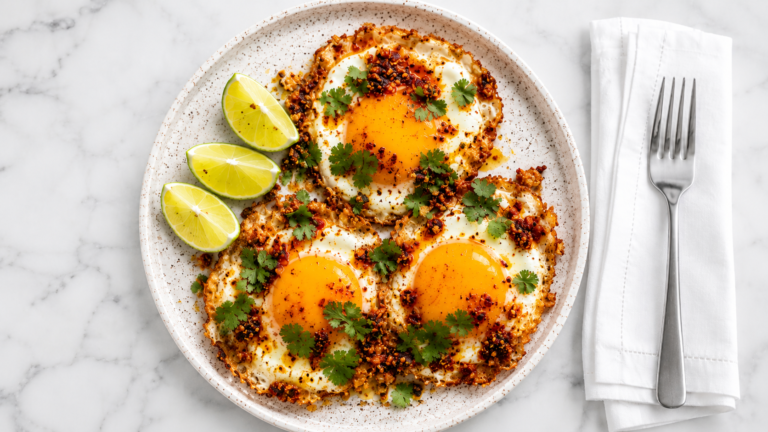 Spicy chili garlic turmeric fried eggs in a cast iron skillet – a quick low-carb healthy recipe.
