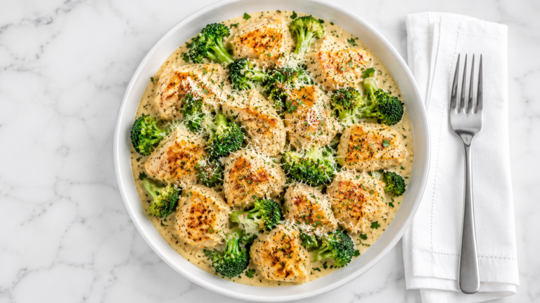 Quick low-carb healthy recipe creamy garlic chicken broccoli skillet in pan,